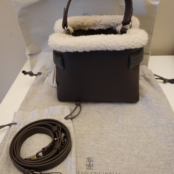 Brunello Cucinelli Essence Bag Brown Leather SM Top Handle Monili Crossbody New - Picture 5 of 9